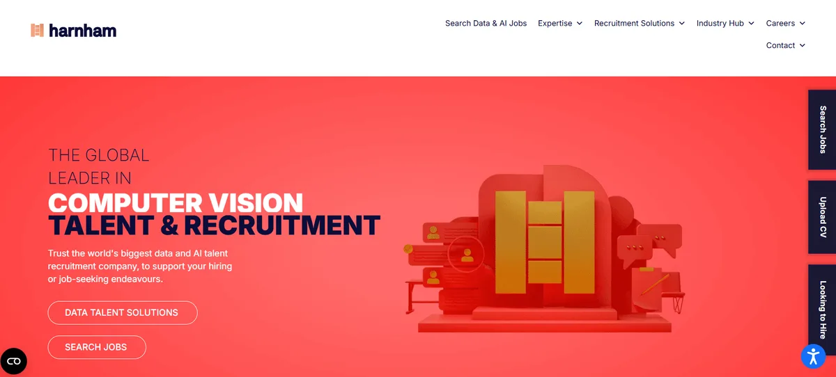 Harnham homepage, ranked fifth among data engineering staffing firms for data-exclusive recruiting specialism.