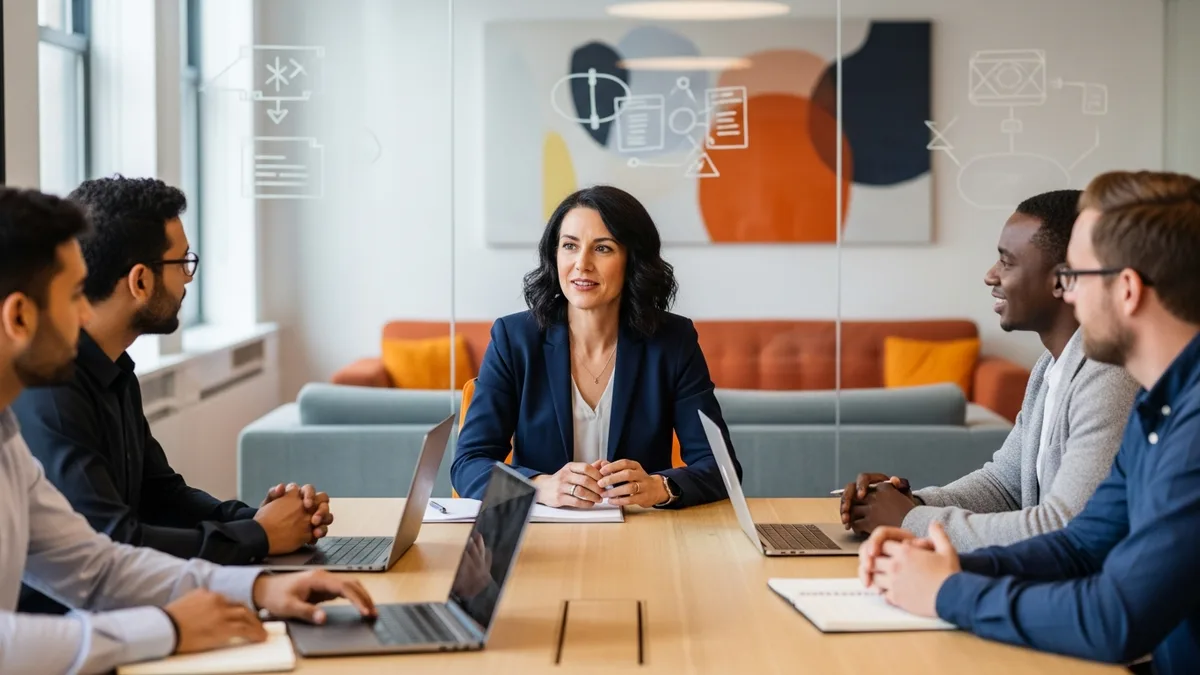 Head of engineering leading an architecture review with a software engineering team around a conference table