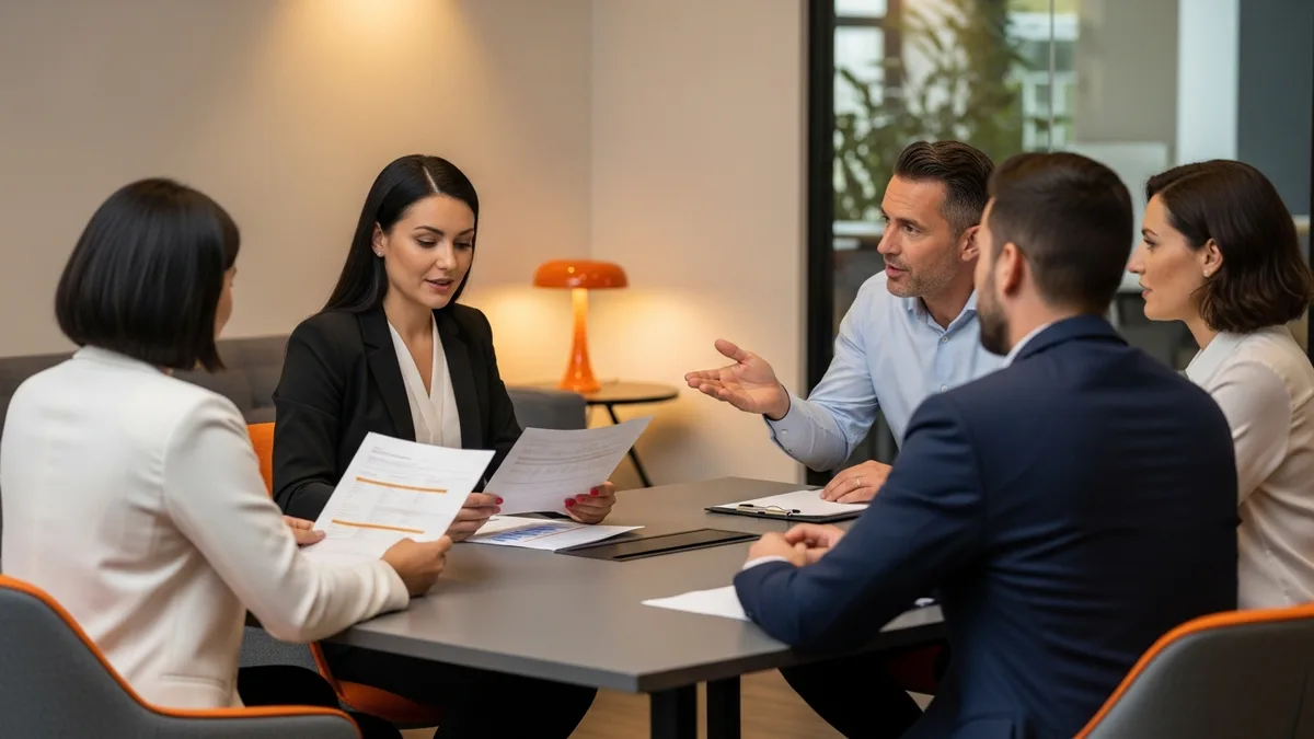 Accounting manager leading a small team through a month-end close review around a conference table