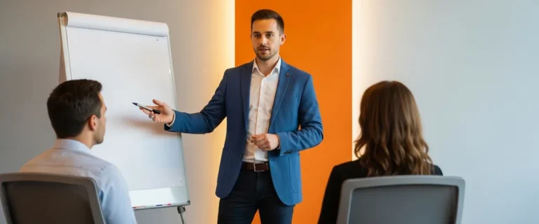 Business intelligence analyst presenting hiring insights to two colleagues in a modern office
