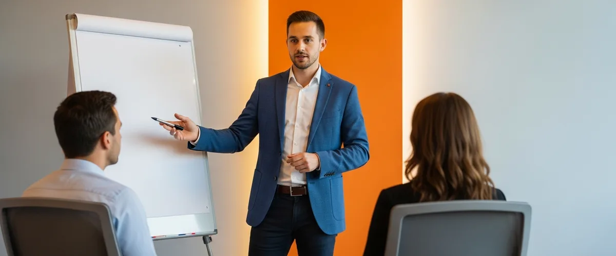Business intelligence analyst presenting hiring insights to two colleagues in a modern office
