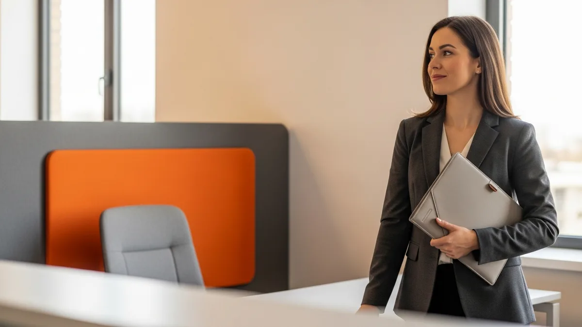 Business intelligence analyst holding a portfolio folder in a modern office before a stakeholder meeting