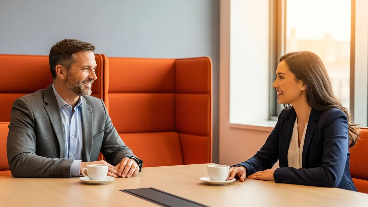 Hiring manager interviewing a business intelligence analyst candidate over coffee in a conference room