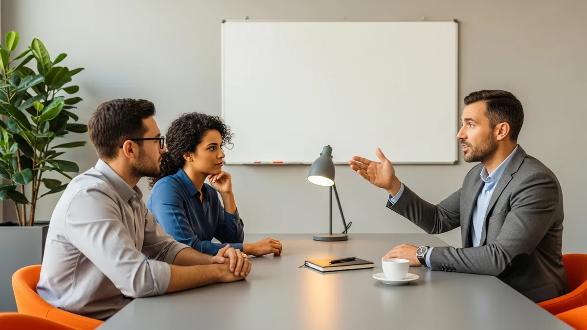 Data team collaborating on a business intelligence analyst hiring decision around a conference table