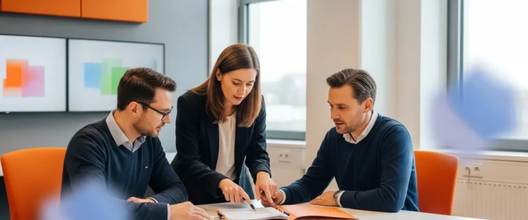 Technology hiring team reviewing blockchain developer candidate materials in a modern office