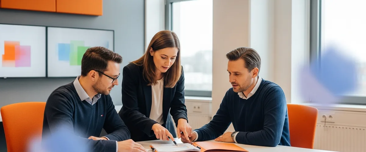 Technology hiring team reviewing blockchain developer candidate materials in a modern office