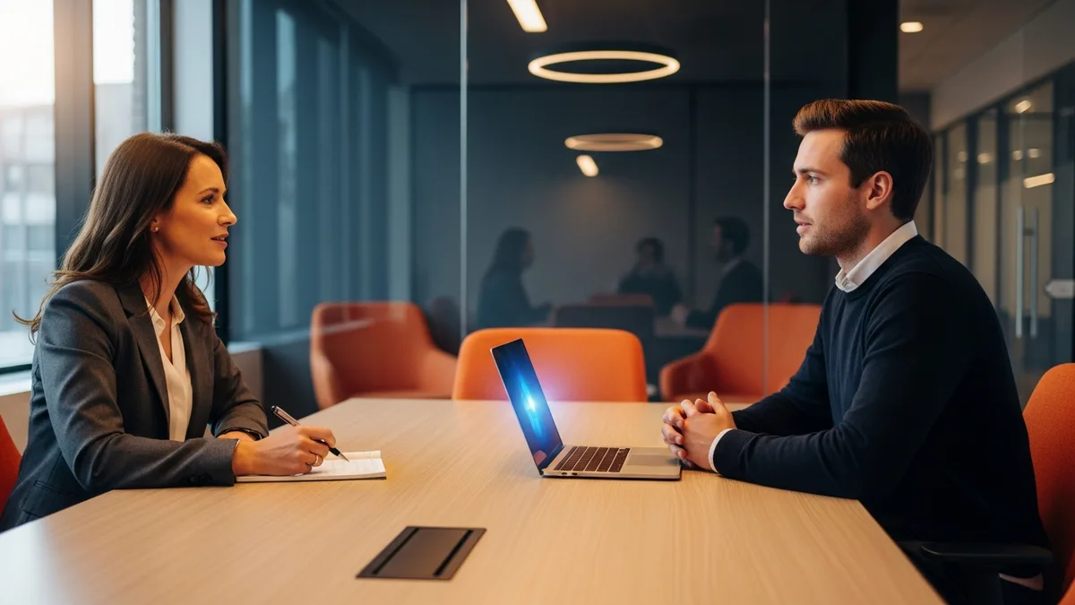 Hiring manager interviewing a blockchain developer candidate across a conference room table