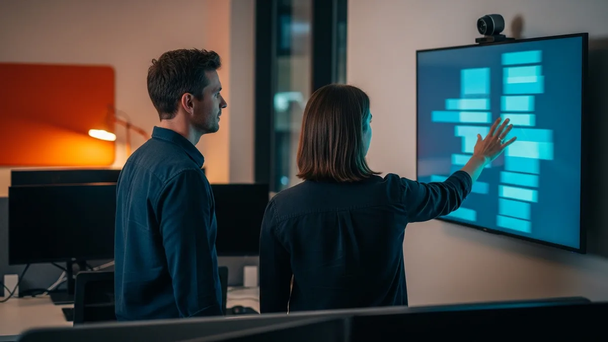 Two senior engineers reviewing smart contract code on a large wall monitor