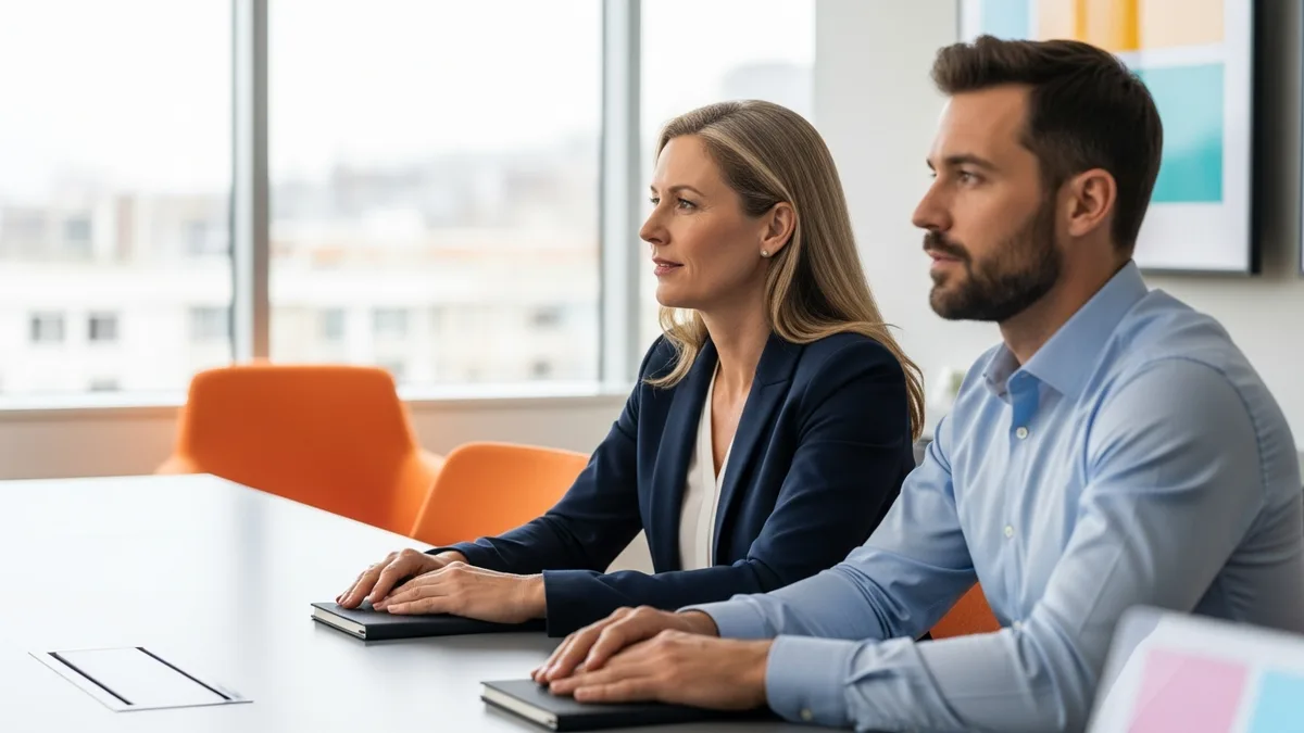 Technical interview panel evaluating a blockchain developer candidate in a bright conference room