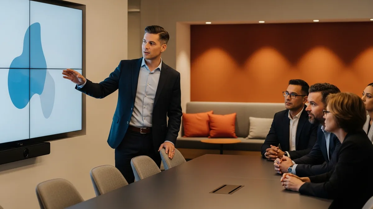 Chief product officer presenting the product strategy to the company leadership team in a conference room