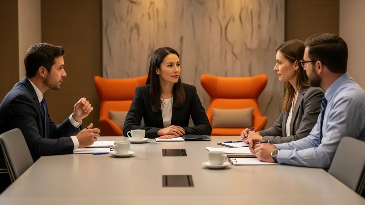 Hiring panel interviewing a chief product officer candidate across a conference table