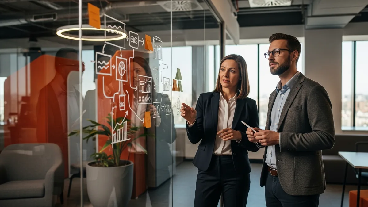 CEO and newly hired chief product officer reviewing a product roadmap together on a glass office wall