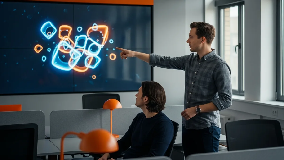 Cloud security engineer pointing at a cloud architecture visualization on a wall display during a review