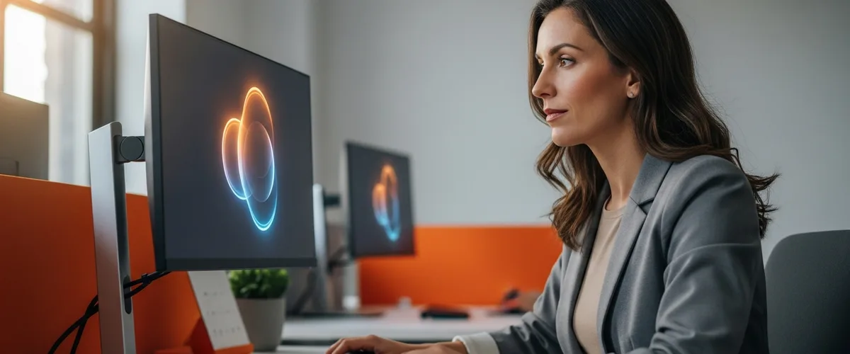 Cloud security engineer reviewing an abstract cloud posture visualization on a monitor in a modern office