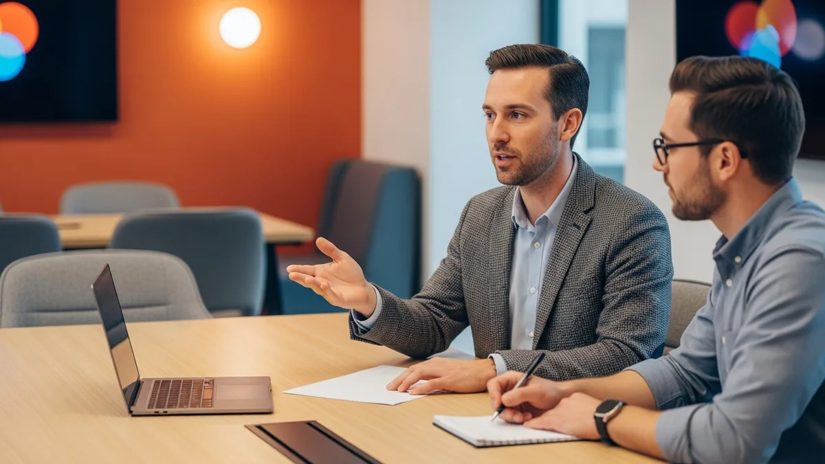 Hiring manager and technical recruiter discussing a cloud security engineer role across a conference table