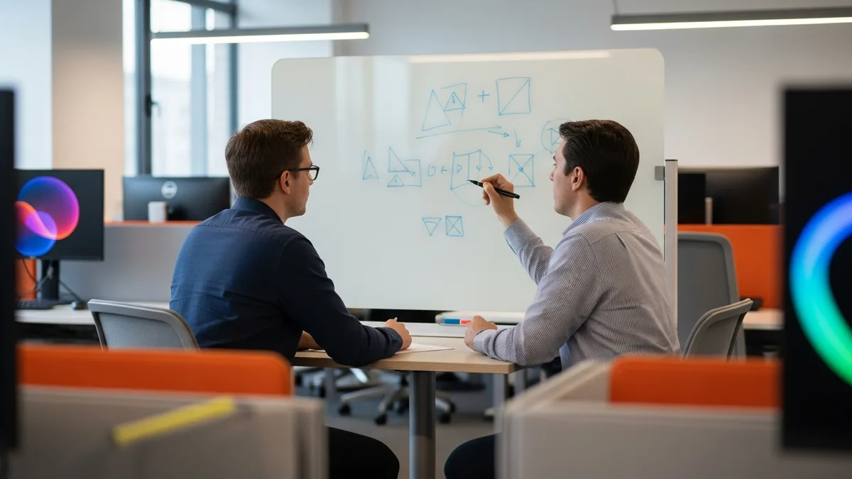 Hiring manager and cloud security engineer candidate working through a technical scenario at a whiteboard