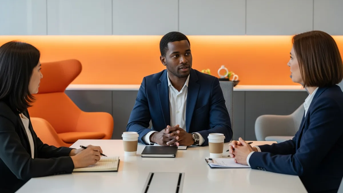 Controller candidate being interviewed by two hiring managers in a modern conference room