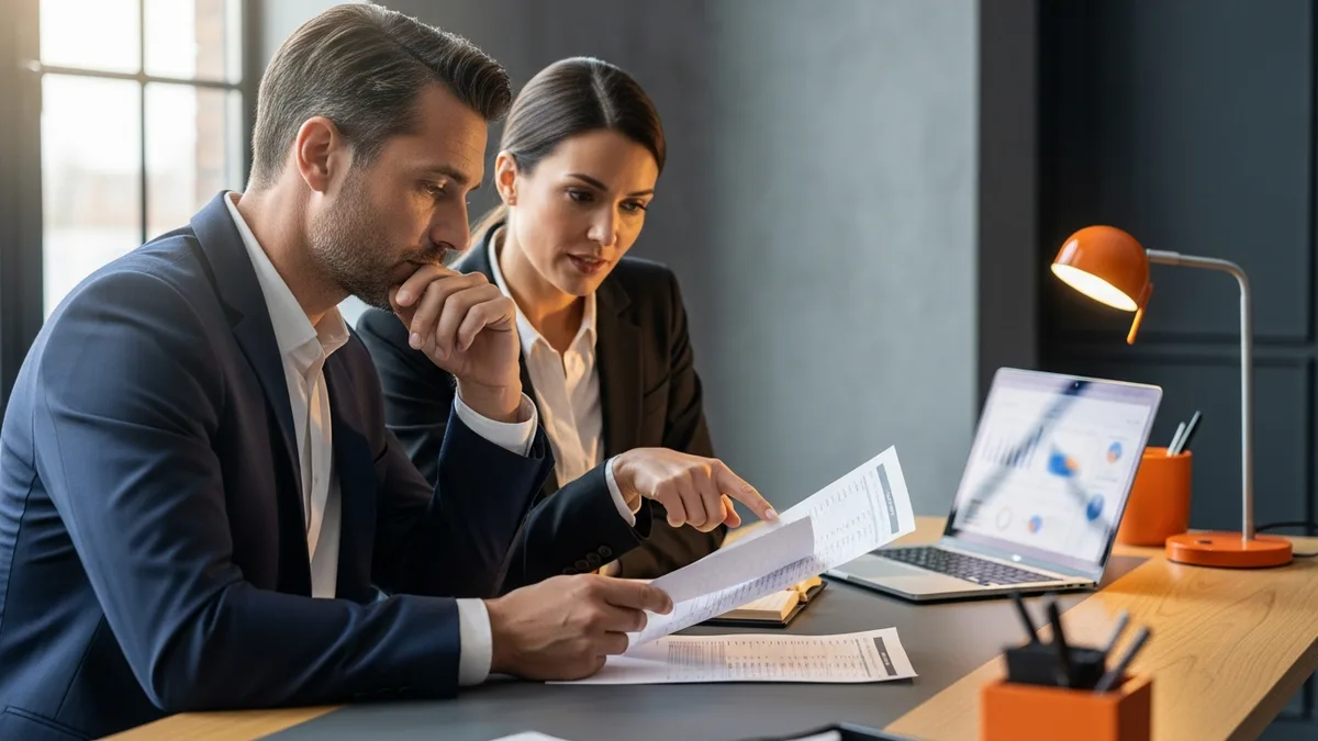 Company founder and financial controller reviewing printed financial statements at a desk