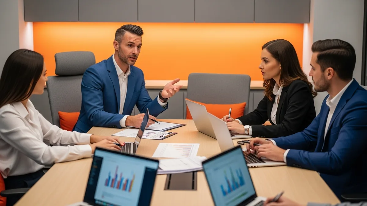 Financial controller leading a month-end close review with an accounting team around a conference table
