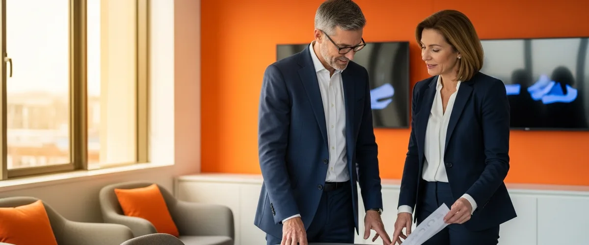 Company CEO and newly hired chief operating officer reviewing an operations plan together in a modern office