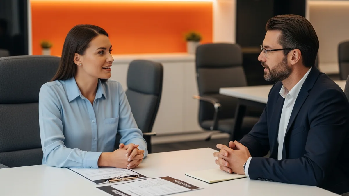 Hiring manager interviewing a DevSecOps engineer candidate with printed resumes on the table