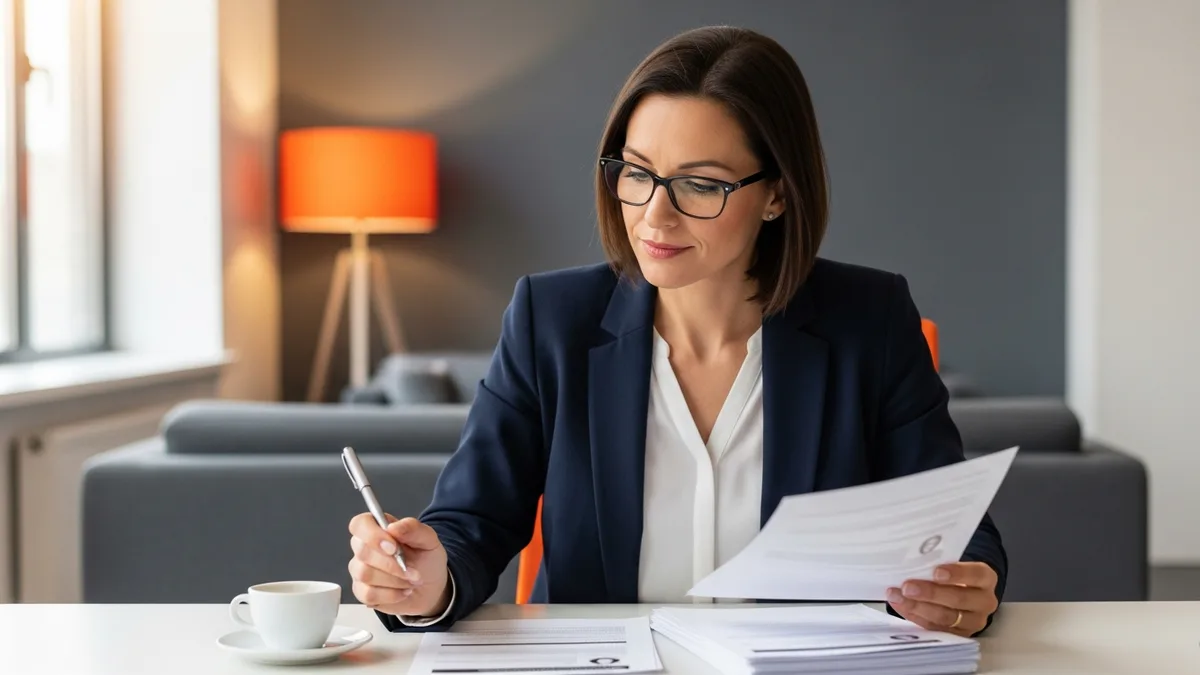 KORE1 recruiter reviewing printed DevSecOps engineer candidate profiles at a desk