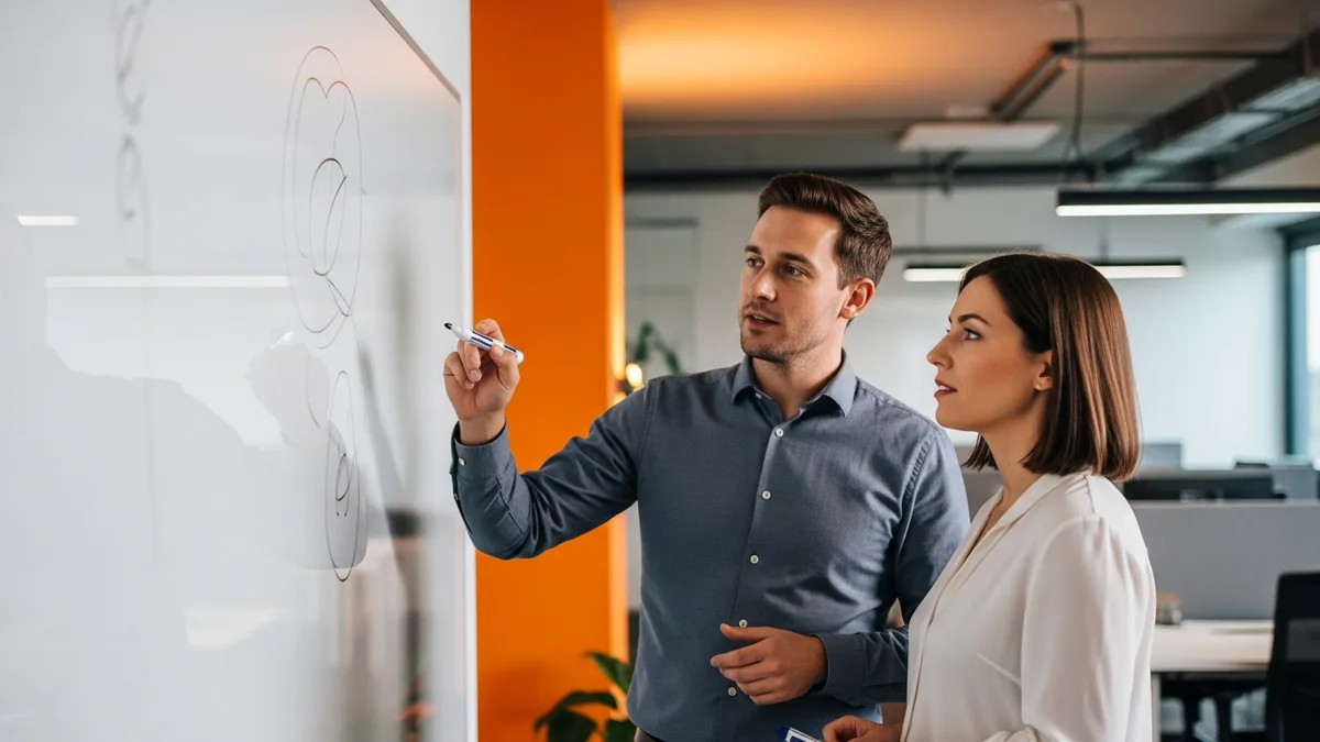 Two engineers mapping a secure CI/CD pipeline at a whiteboard while hiring for DevSecOps