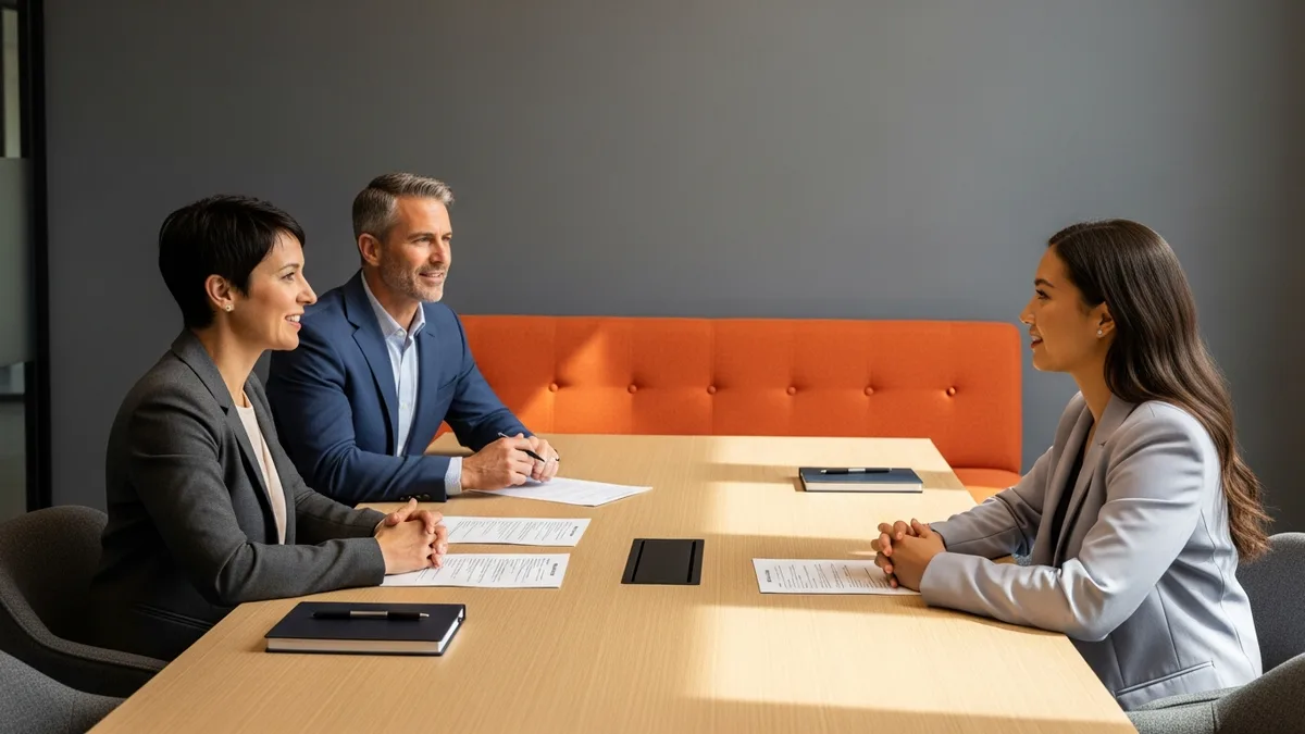 Hiring panel interviewing a director of data engineering candidate across a conference room table