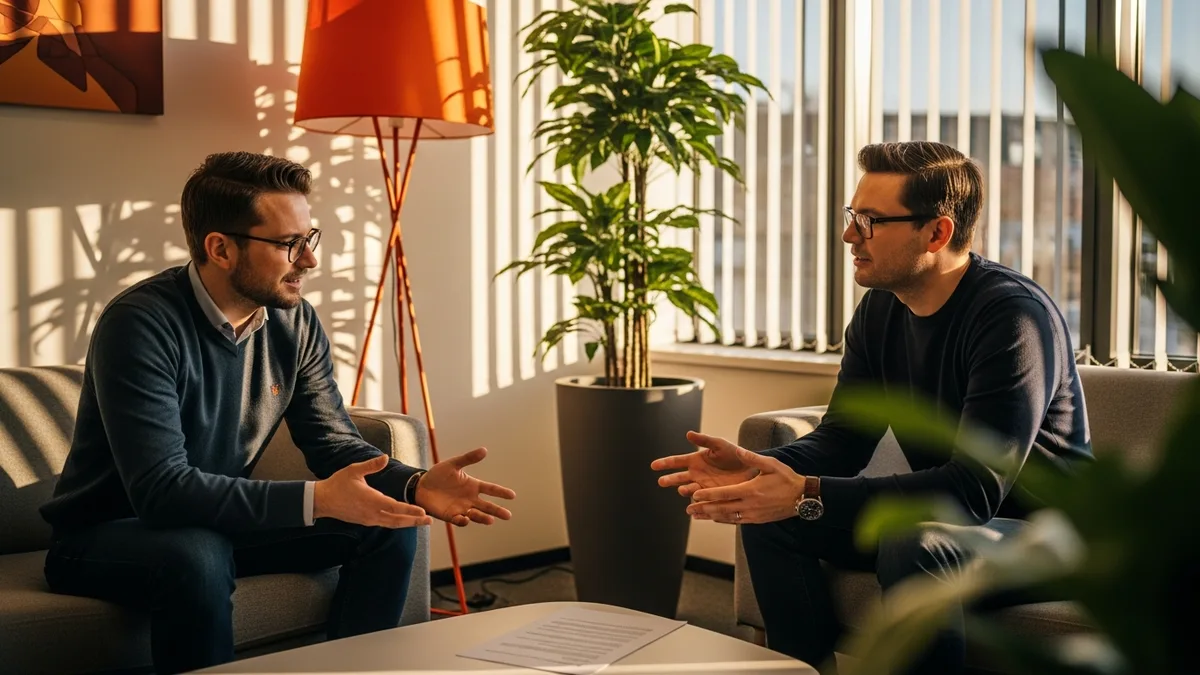 Data engineering director and a manager talking in a one on one conversation in a quiet office corner