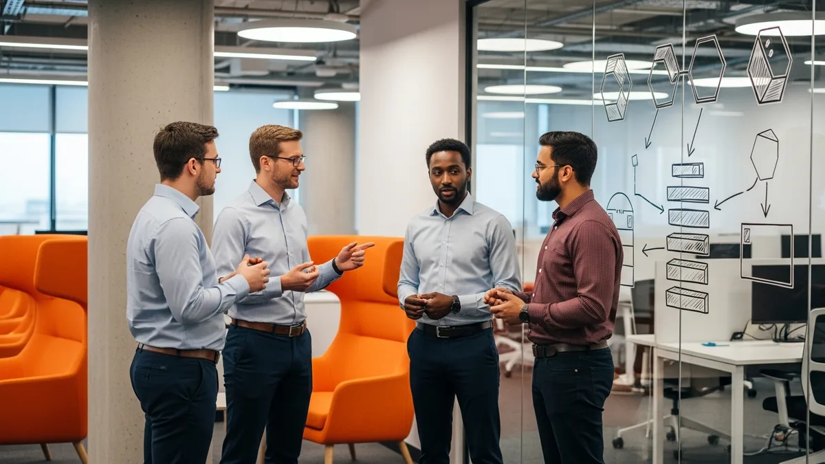 Director of data engineering leading a standing huddle with four data engineers beside a glass panel of pipeline diagrams