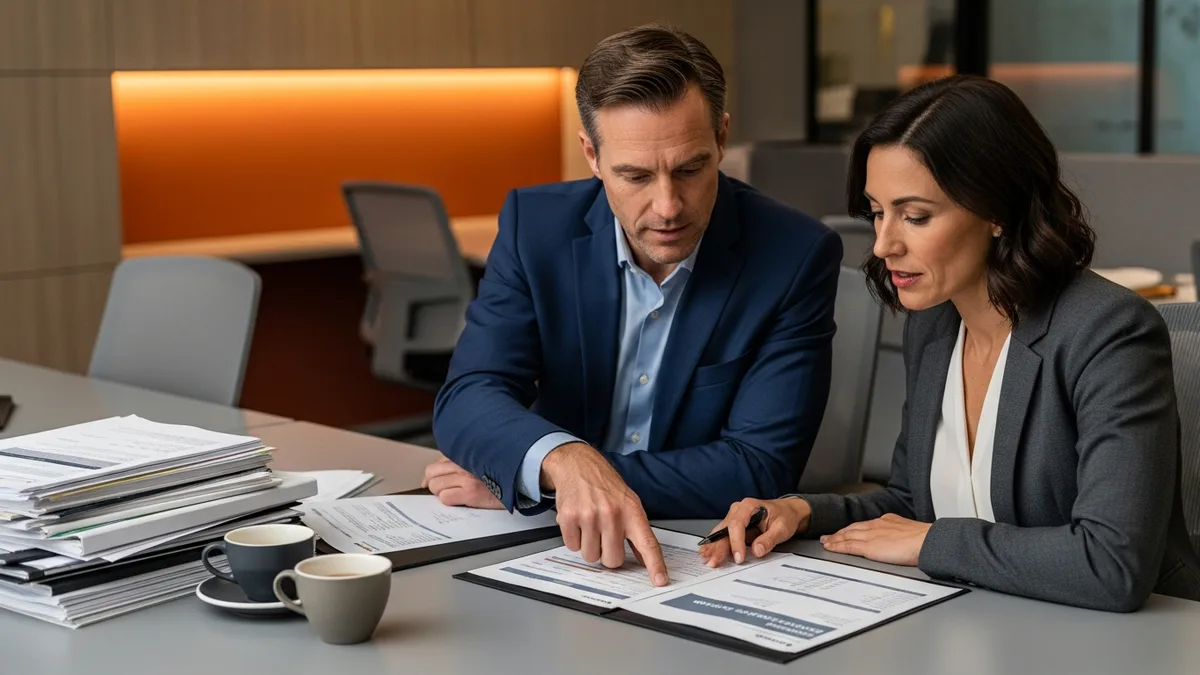 Director of IT and a finance colleague reviewing a printed technology budget and roadmap