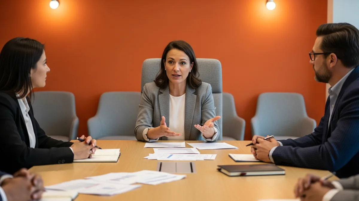 Director of IT leading a leadership planning meeting with two colleagues reviewing printed documents