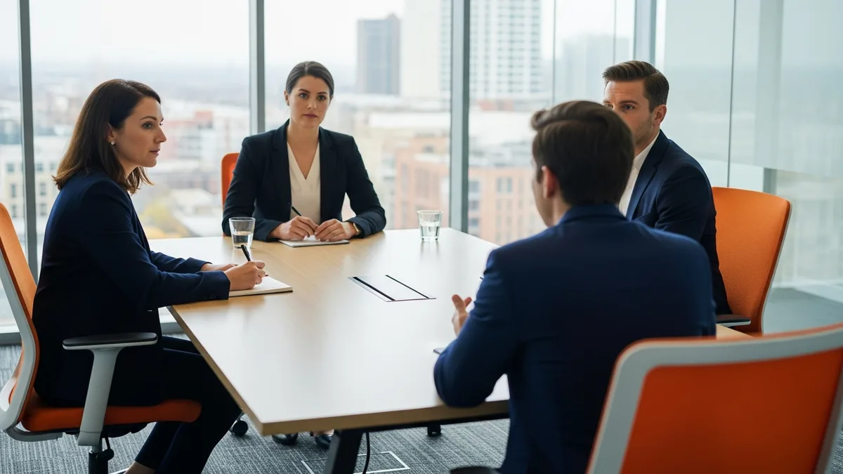 Hiring panel interviewing a director of product management candidate across a conference room table