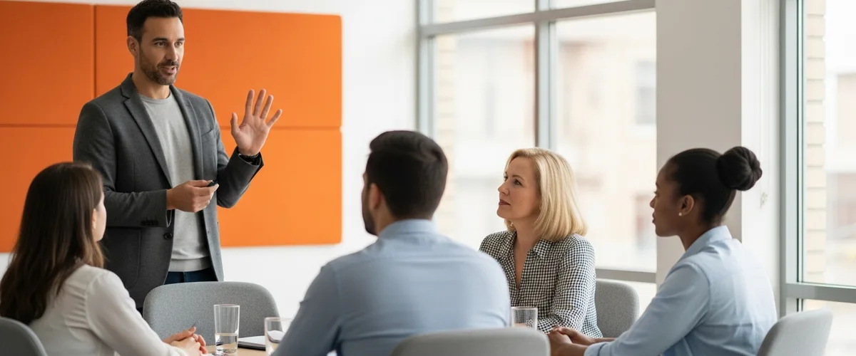 Director of product management presenting portfolio priorities to four product managers in a conference room