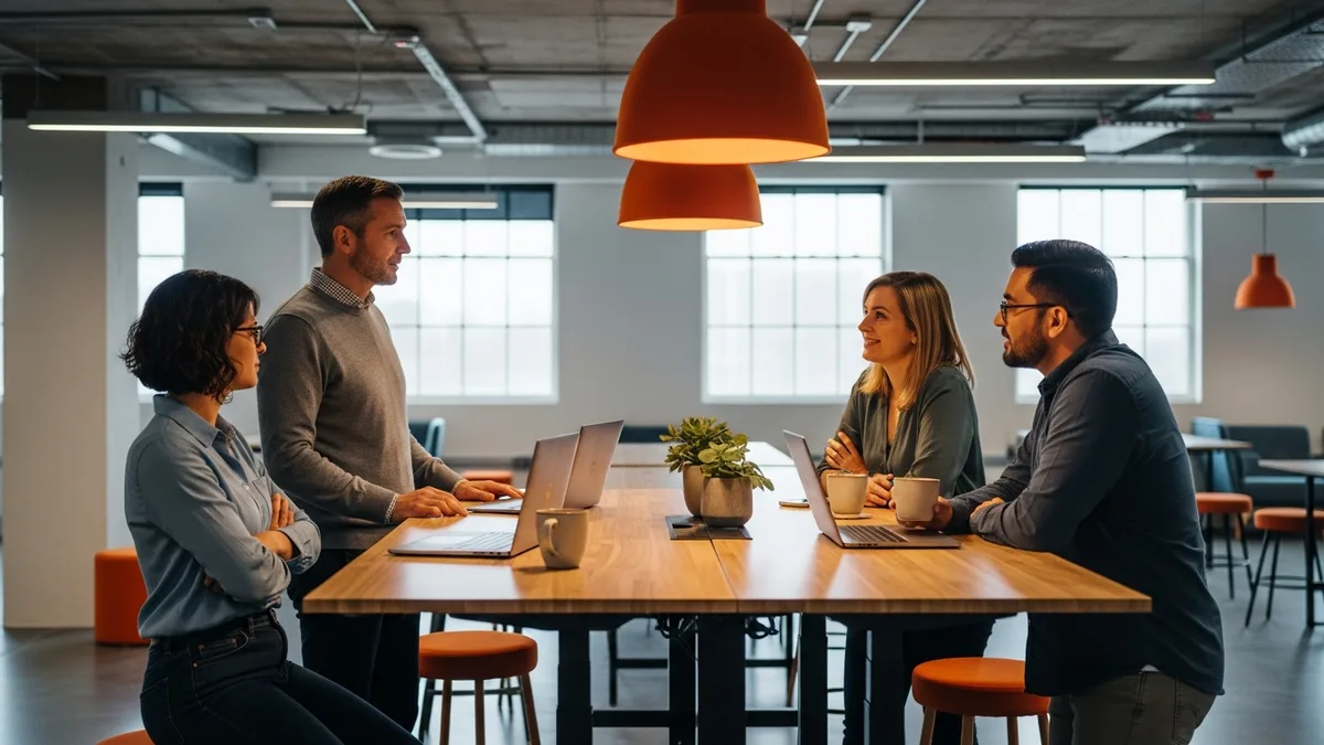 Director of product management running a standing planning huddle with three product managers in an open office