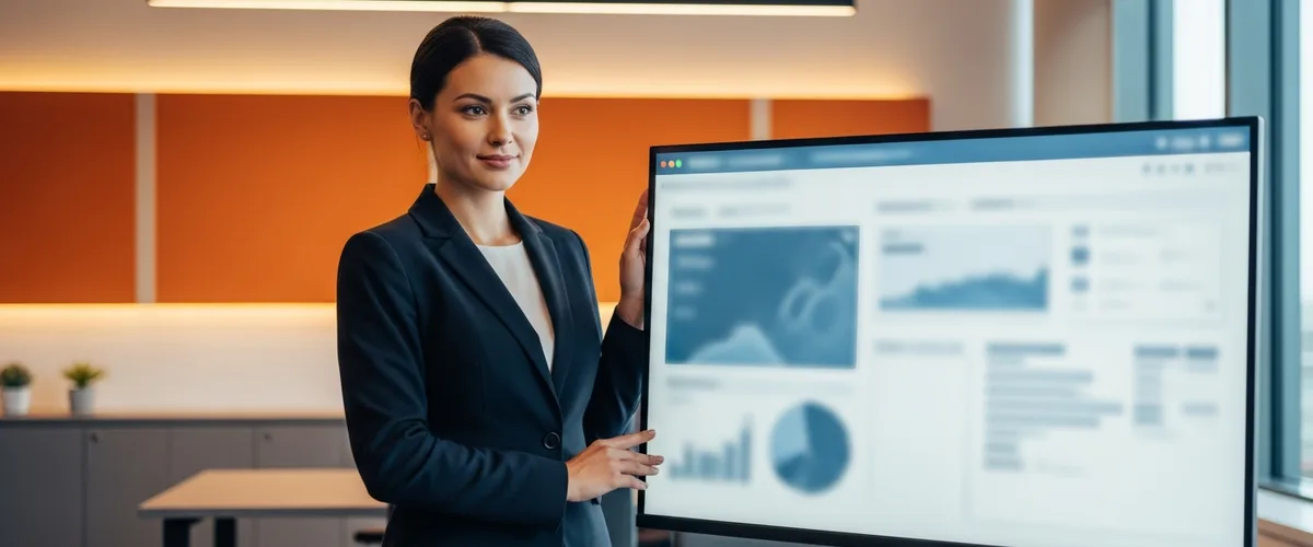Microsoft Dynamics 365 consultant presenting a dashboard in a modern office, guide to hiring a Dynamics 365 consultant in 2026