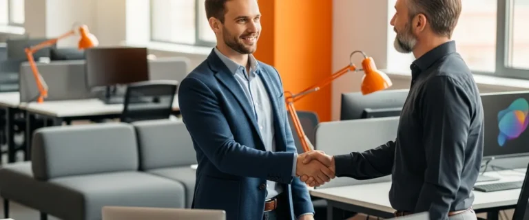 Non-technical startup founder shaking hands with a senior software engineer after a successful hire in a modern office