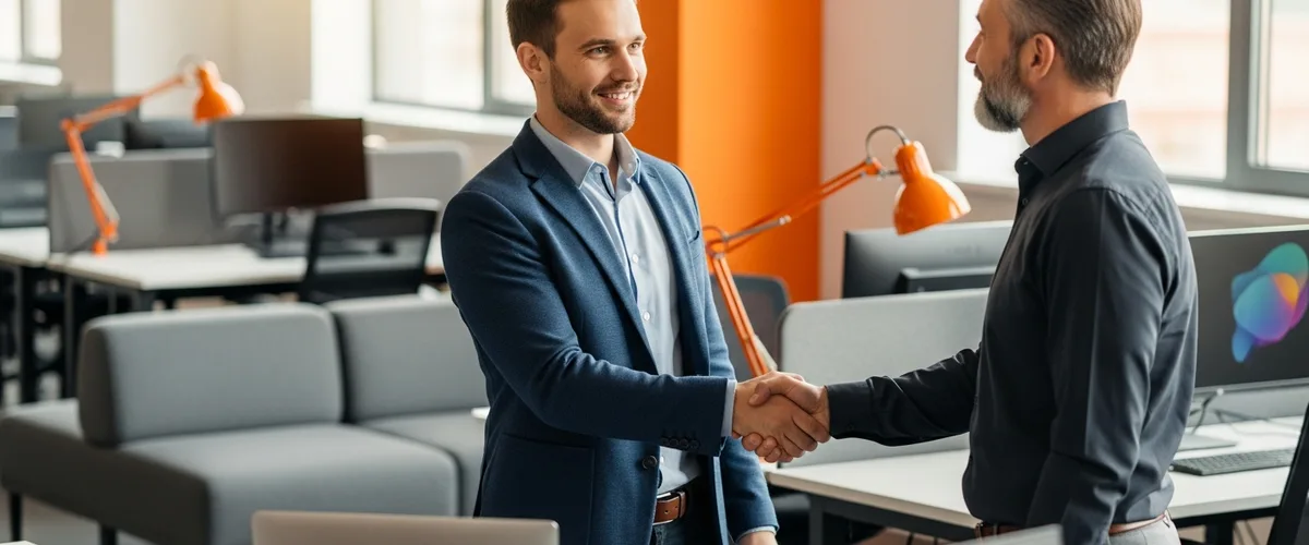 Non-technical startup founder shaking hands with a senior software engineer after a successful hire in a modern office