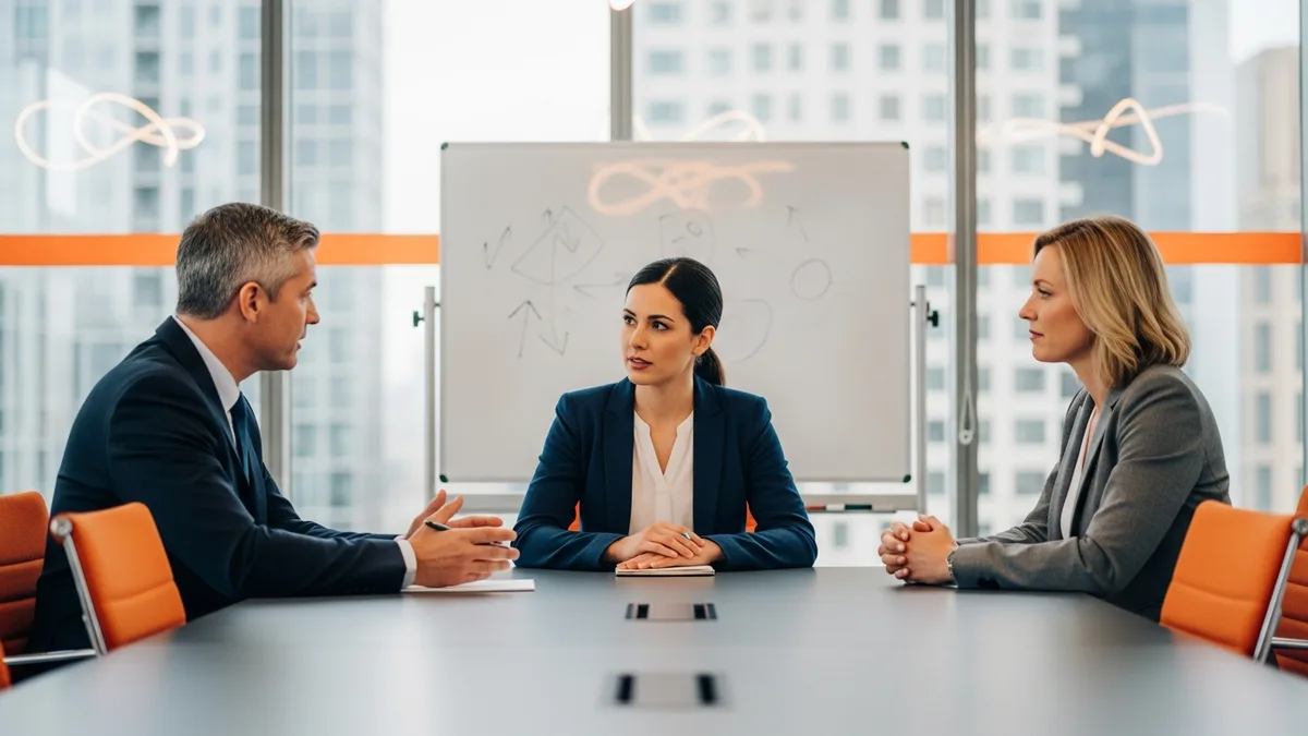 GRC analyst candidate being interviewed by two hiring managers in a modern conference room