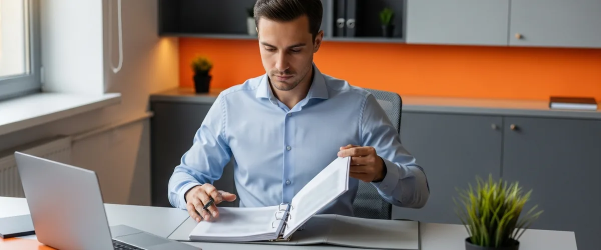 Compliance professional reviewing an open audit binder at a modern office desk