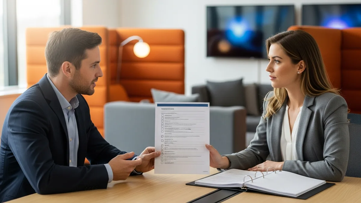 Hiring manager and a GRC lead scoping a governance risk and compliance analyst role across a conference table