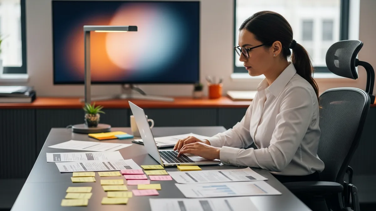 GRC analyst reviewing control evidence and a risk register on a laptop in a modern office