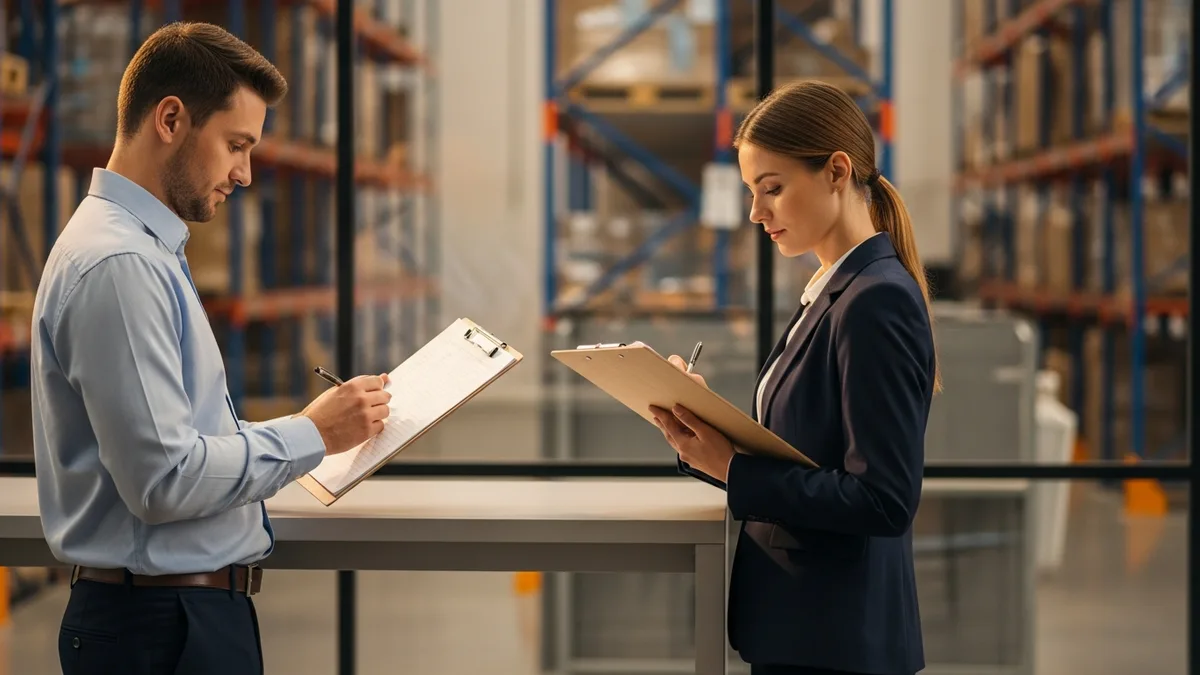 Operations professionals reviewing inventory paperwork at a NetSuite-run distribution company