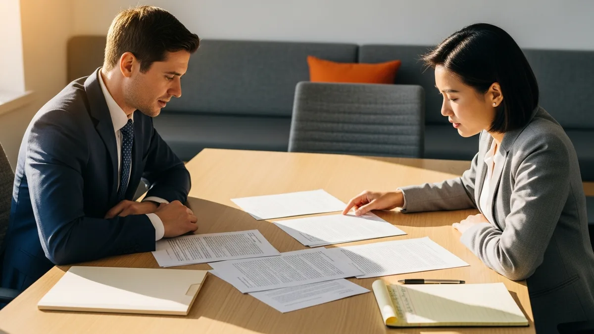 Hiring manager and finance lead reviewing a NetSuite administrator job specification at a conference table
