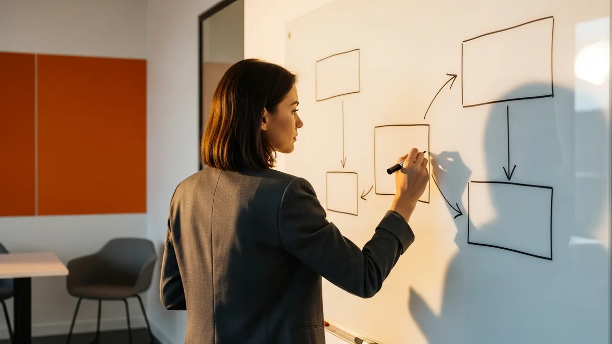 Systems lead mapping NetSuite configuration and administration ownership on a whiteboard