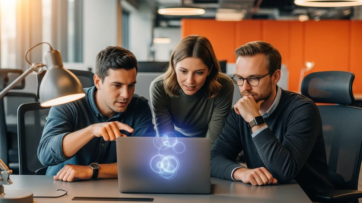 Three technology professionals reviewing NetSuite code together on a laptop