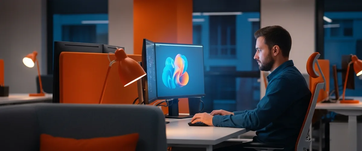 NetSuite developer working at a terminal in a warm modern office at dusk