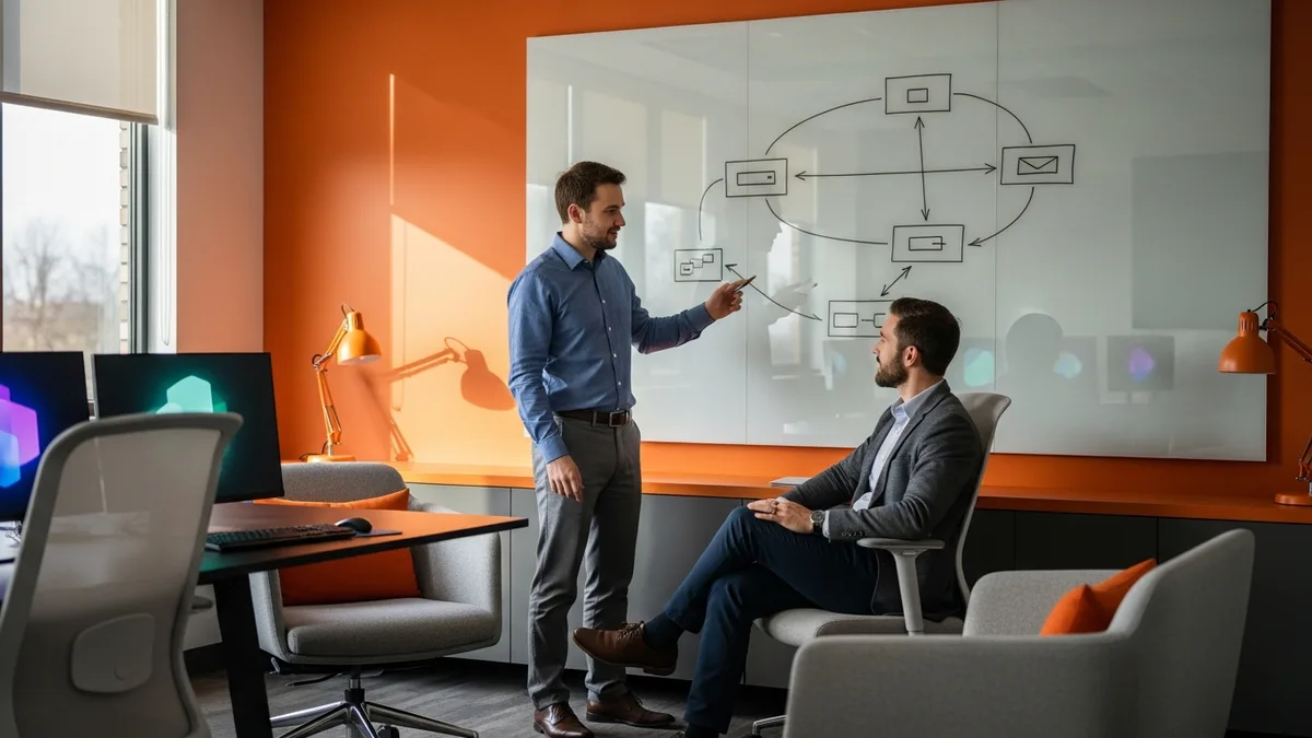 Two software engineers reviewing a NetSuite integration architecture diagram on a glass whiteboard