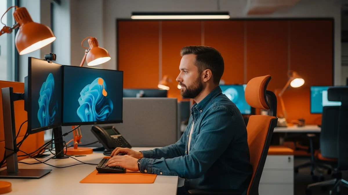 NetSuite developer writing SuiteScript code at a two-monitor workstation in a modern office