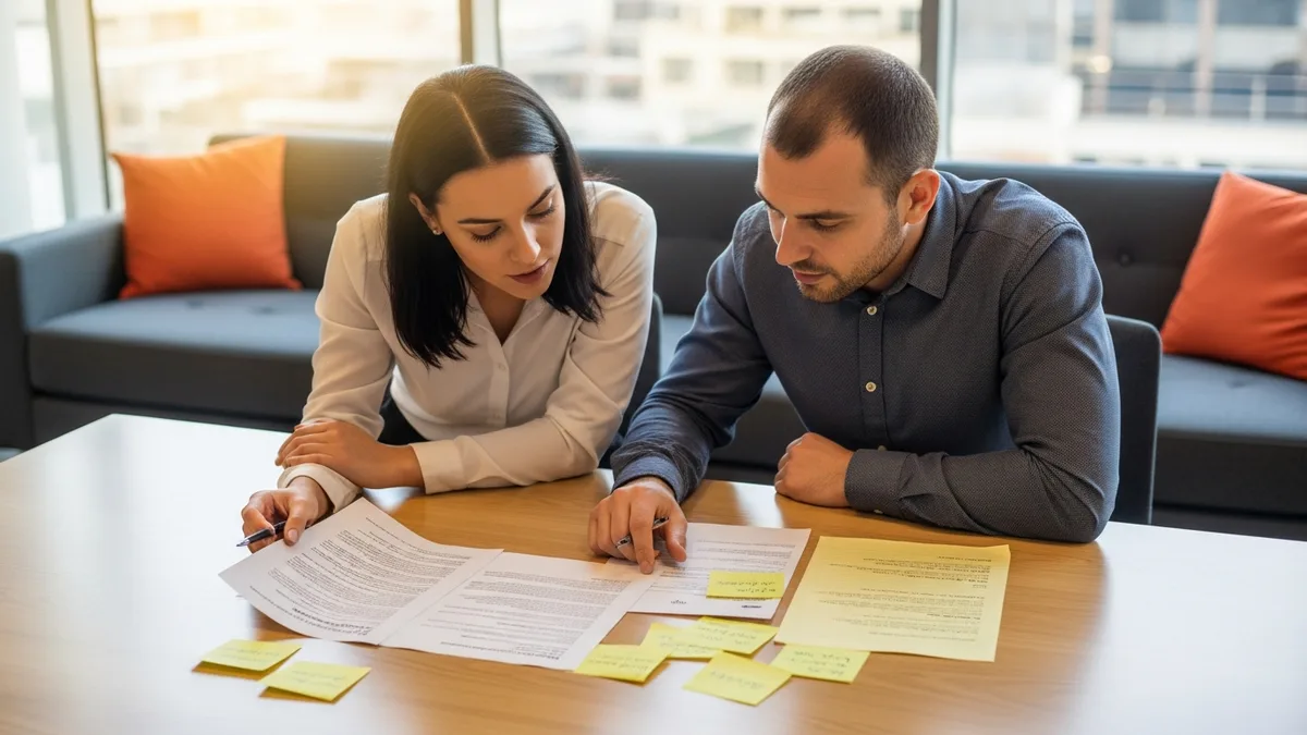 Two penetration testers reviewing a printed security assessment report at a table